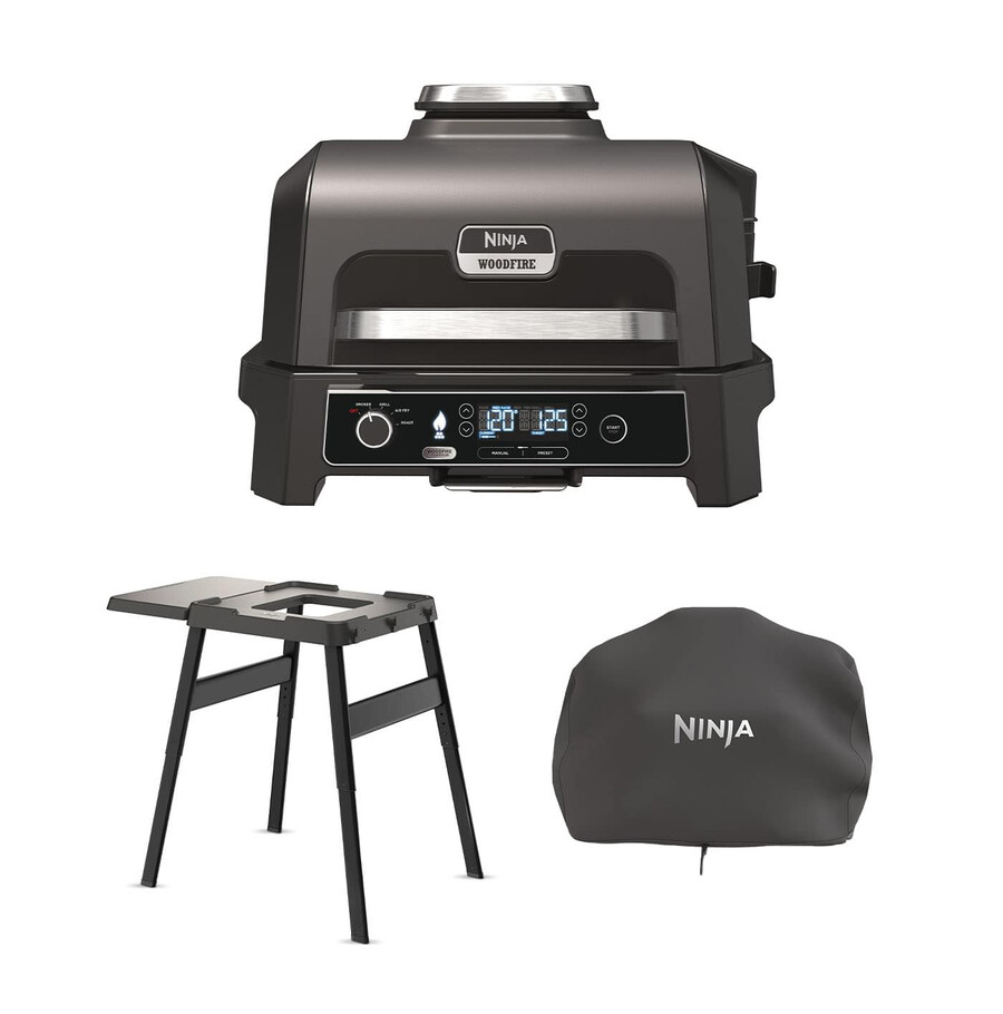 ninja woodfire pro xl elektrisk bbq-grill och rökare med stativ och lock